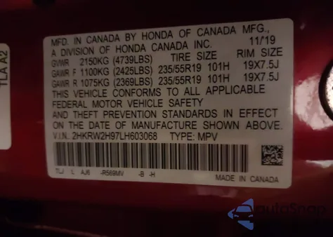 2020 Honda Cr-V Awd Touring из США, поврежденный, VIN 2HKRW2H97LH603068